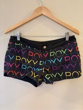 Roxy Y2K, Vintage Reversible Board Shorts Black Neon Rainbow Logo Swim, Sz 30.